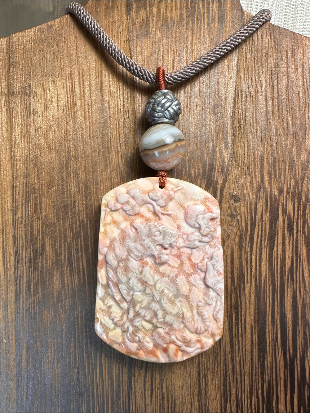 Coral Fossil Tiger Pendant Necklace on Light Brown Adjustable Rope - Picture 14 of 16